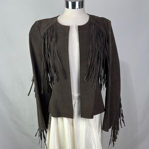 Of Two Minds Vintage Brown Fringe Trim Suede Jacket